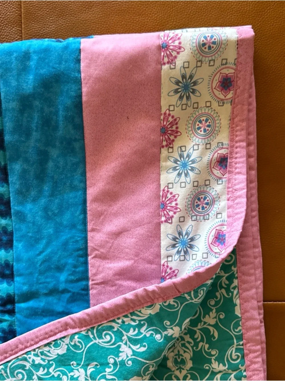 Handmade Patchwork Quilt Throw Multicolor Blue Pink Reversible Cotton Blanket